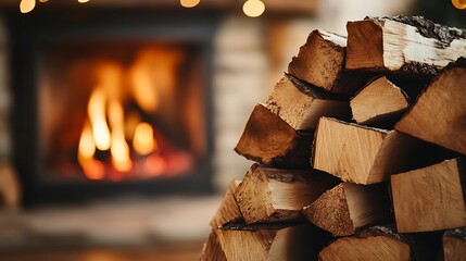 A stack of firewood sits in front of a fireplace with flames burning brightly.