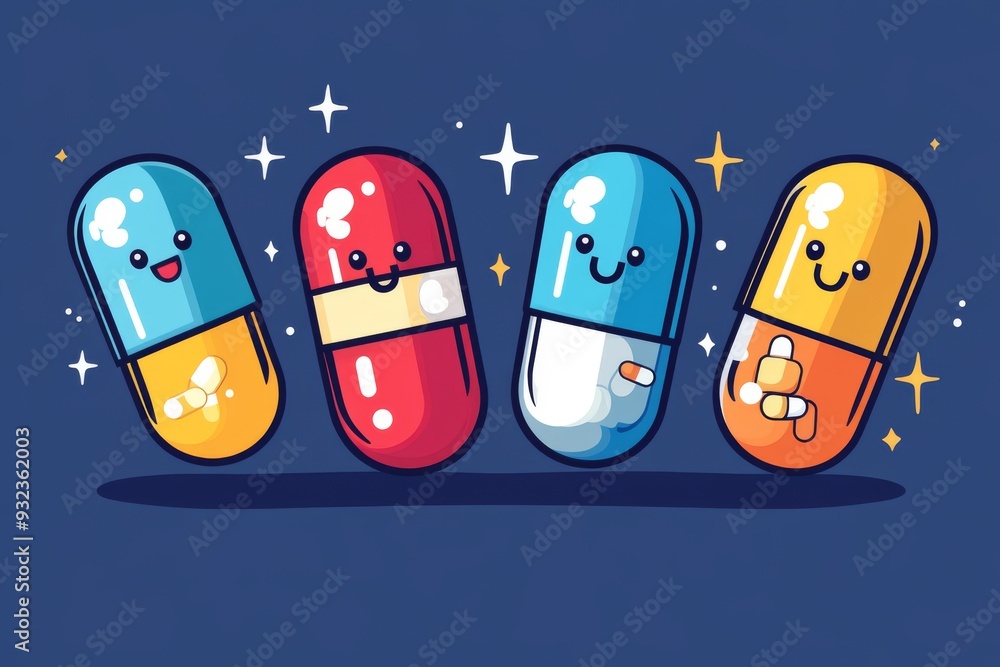 Poster Playful and Colorful Cartoon Capsules with Happy Faces on a Dark Blue Background Representing the Joyful and Friendly Side of Modern Medicine