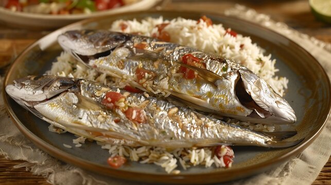 Plate of mutabbaq samak a fish dish cooked with spices and served with a side of rice for a flavorful food meal