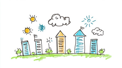 Whimsical hand-drawn city skyline illustration featuring tall buildings, clouds, and the sun, evoking a playful urban landscape.