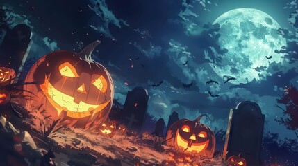 Naklejka premium Flaming pumpkins light up a graveyard as zombies roam beneath a full moon, creating an eerie Halloween ambiance