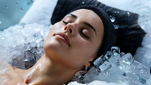 Woman is receiving a cryotherapy facial treatment to improve her skin condition. Her face is covered with ice cubes while she relaxes