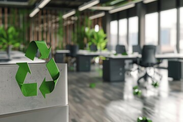 An eco-friendly office space with a recycling symbol and plants promoting sustainability.