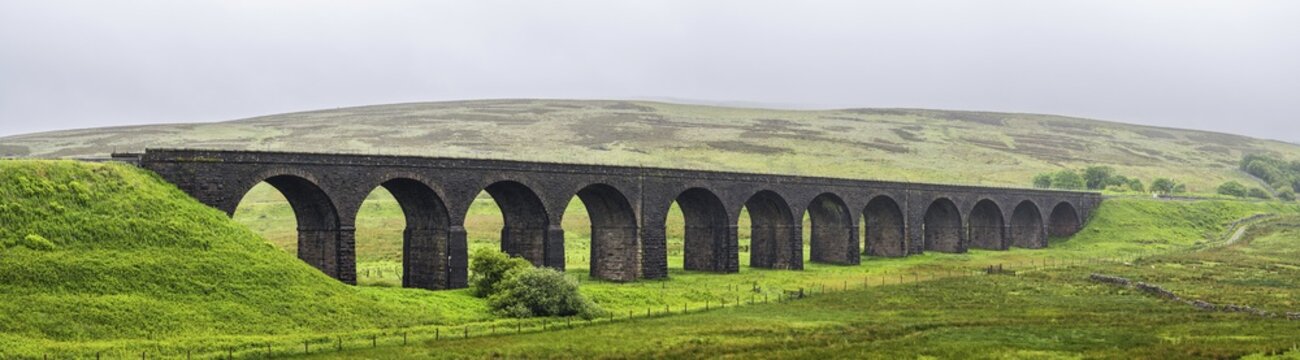 Panorama of Dandry Mire, Moorcock Viaduct, Yorkshire Dales National Park, North Yorkshire, England, United Kingdom, Europe