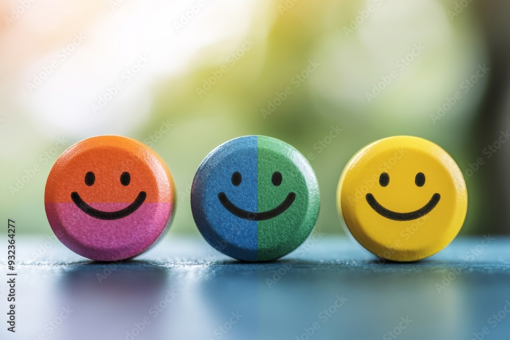 Poster cute and happy cartoon smiley faces in a row representing positivity and unity in healthcare on a so