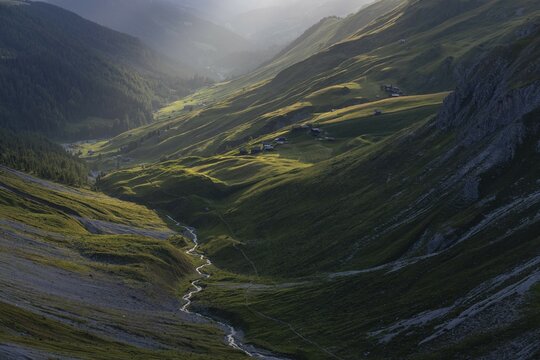 Evening mood in the mountains, view of Sap&uuml;n from the Strela Pass, Davos, Grisons, Switzerland, Europe
