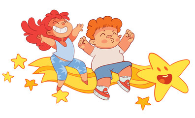 Kids flying on a comet. Concept design. Colorful cartoon characters. Funny vector illustration. Isolated on white background