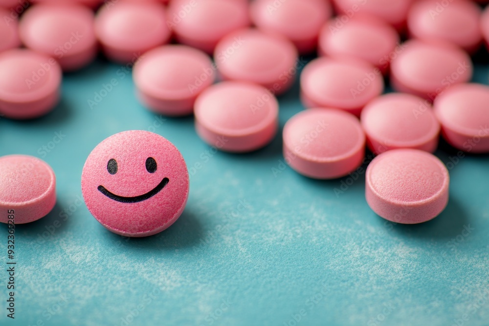 Sticker cute and cheerful pink capsules with smiley faces representing positivity and joy in medicine on a s