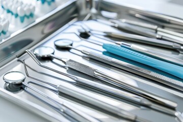 A collection of dental tools arranged on a tray