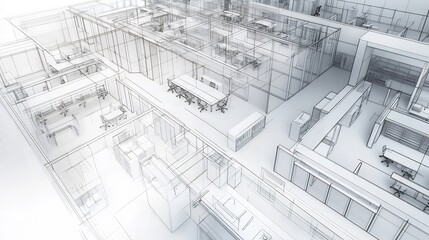 Detailed architectural blueprint for hightech office design focusing on open spaces ergonomic furniture and smart technology integration with clear organized annotations