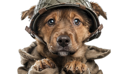 A brave dog in a military helmet, capturing attention with its adorable expression and playful spirit, perfect for animal-themed content.
