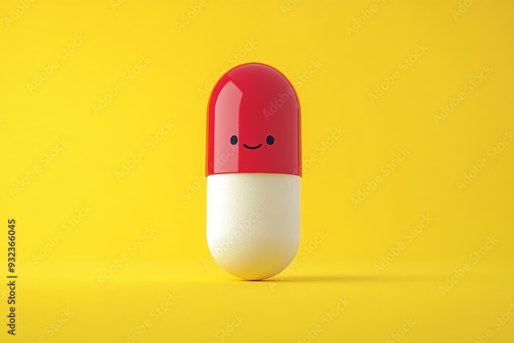 Aufkleber minimalistic red and white capsule with a smiling face on a bright yellow background representing po