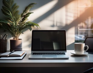 Fototapeta premium A stylish home office setup with a laptop, notebook, and coffee mug on a sleek desk, emphasi