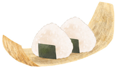竹の皮に盛り付けた おにぎり(外線あり)　水彩タッチ