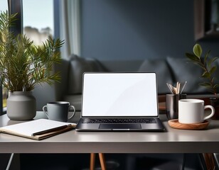 Obraz premium A stylish home office setup with a laptop, notebook, and coffee mug on a sleek desk, emphas