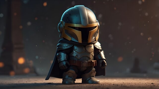 Prompt: A charming, chibi-style bounty hunter figure holding a tiny blaster and standing tall and assured. The character is outfitted in a combination of futuristic armor and a chic cloak, and he has 