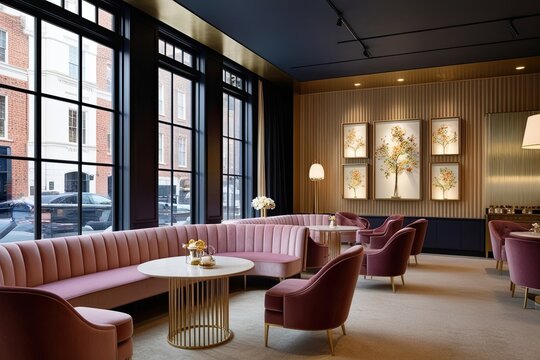Contemporary Tearoom Interior with Plush Seating, Stunning Window, and Innovative Design Display
