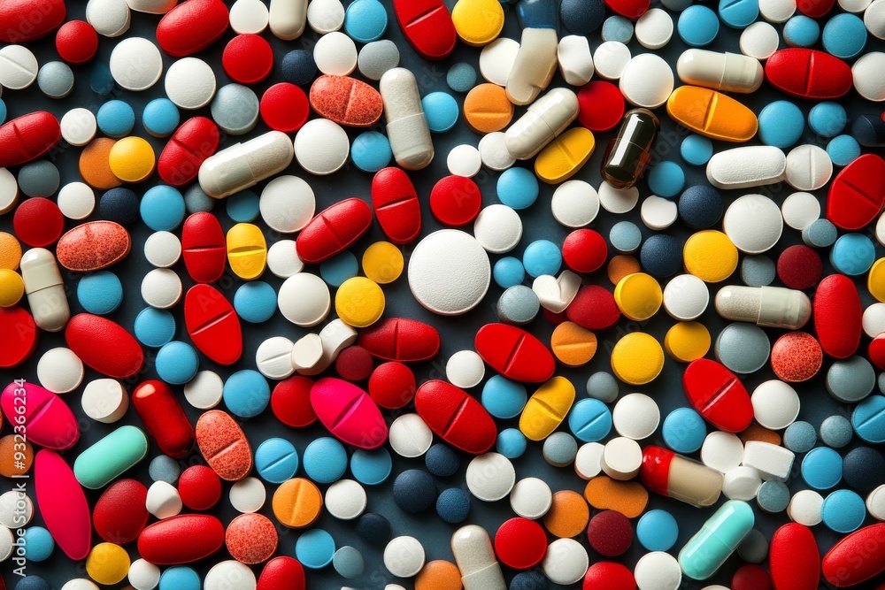 Poster dynamic and colorful array of capsules and pills scattered on a light background representing the di