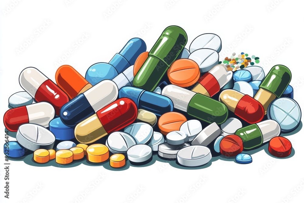 Poster dynamic and colorful array of capsules and tablets scattered on a light background representing dive