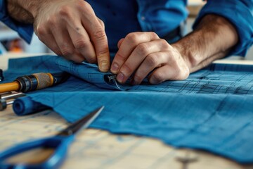 Obraz premium A person sitting at a table with a piece of blue fabric and sewing