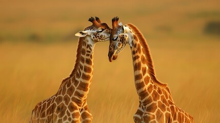 Obraz premium Pair of Giraffes Nuzzling in the Wild with a Beautiful Sunset in the Background