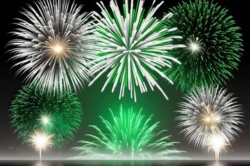 Fototapeta premium Dazzling Silver and Green Fireworks Celebration for New Year's Eve with Ample Copy Space