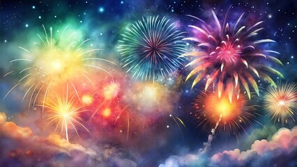 Fototapeta premium Watercolor Fireworks Display, Vibrant Explosions of Color and Light