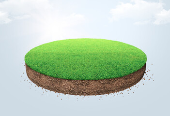 Green grass surface and soil with floating slice of land. Soil texture and flying land grass texture. 3d rendered, Floating in air with clouds and manipulation.