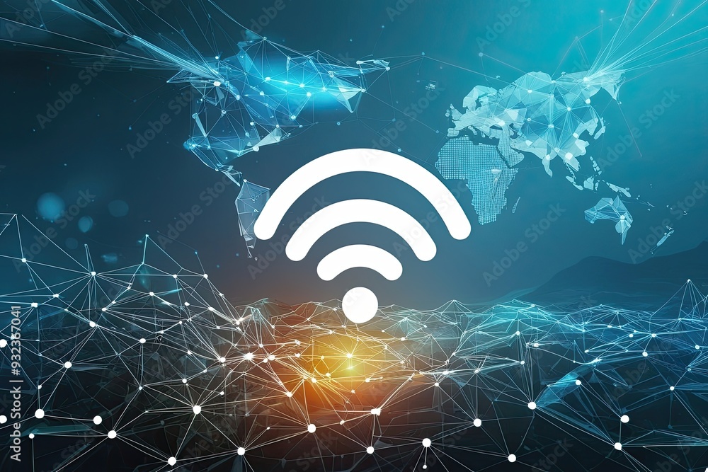 Poster digital communication landscape with abstract wireless network and wi-fi icon