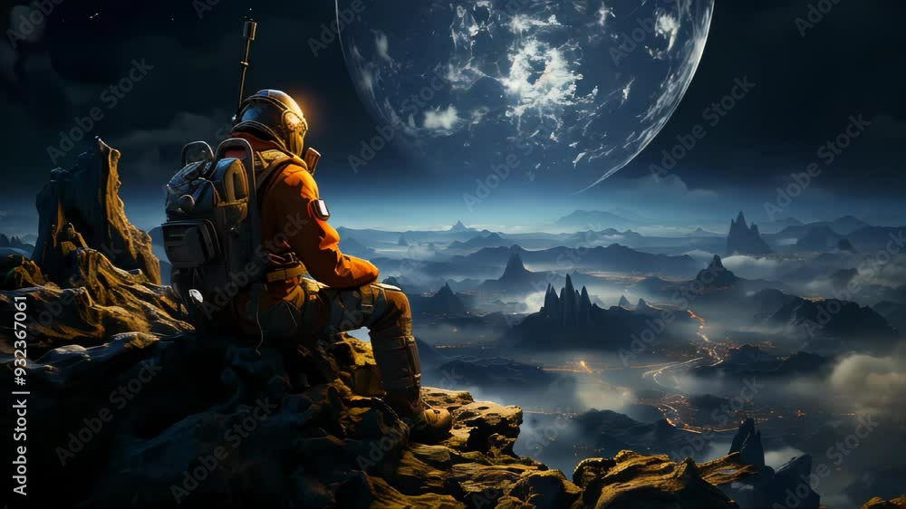 Poster astronaut in a spacesuit on the planet in outer space