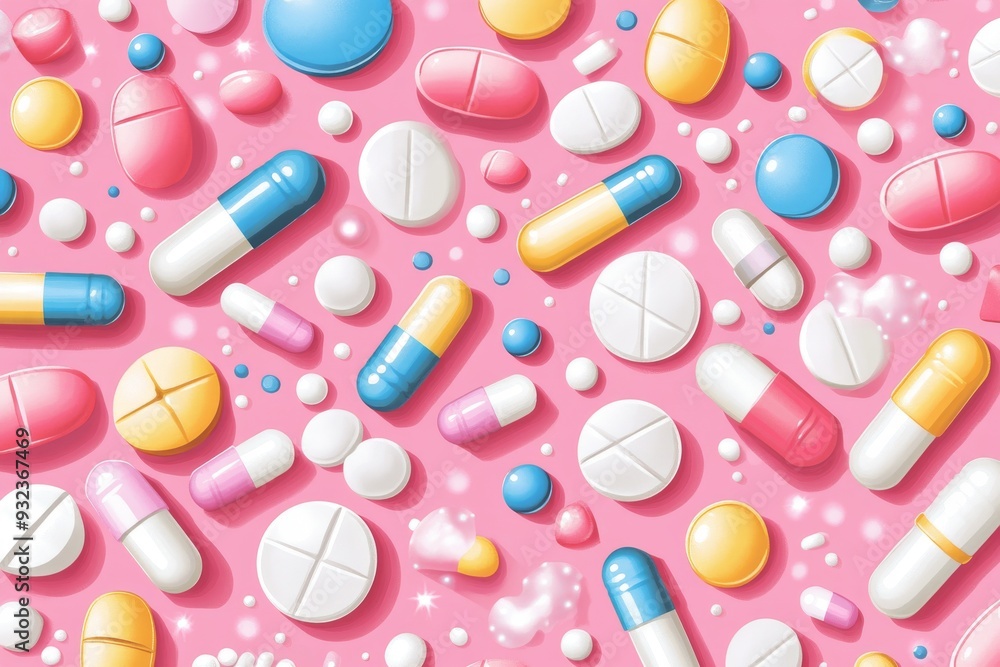 Poster dynamic and colorful array of capsules and pills on a soft background representing diversity and ene