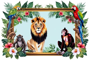 Fototapeta premium Captivating Watercolor Frame Design of African Scenery Featuring Lion, Monkey, and Parrot with Lush Foliage and Vibrant Flowers