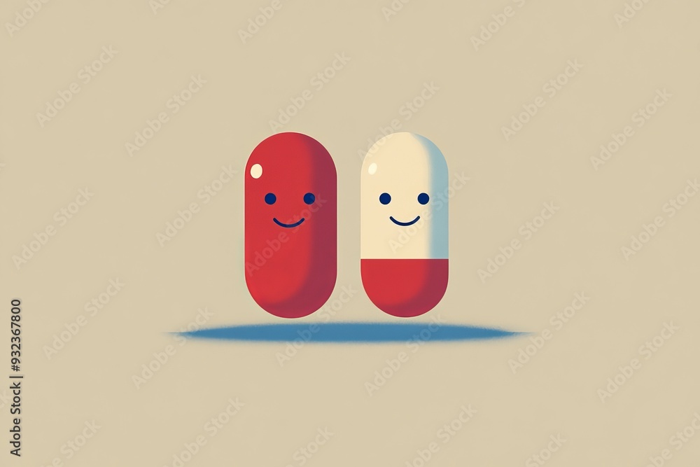 Poster minimalistic and cheerful red capsule with a smiling face on a beige background representing simplic
