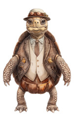 A charming, anthropomorphic turtle dressed in a stylish suit and hat, perfect for whimsical illustrations or character design.