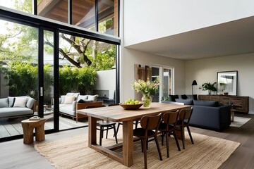 Fototapeta premium Cozy Contemporary Living Room Interior with Rustic Dining Table and Ample Natural Light