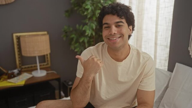 Young hispanic man sitting on bed in pyjama, wearing a happy smile and pointing up with thumb, looking to the side in a bedroom room