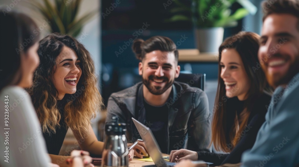 Poster a gathering of individuals seated around a table with a laptop, ideal for depicting teamwork or coll