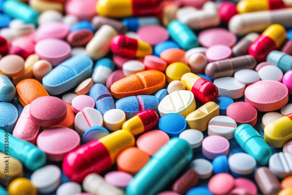 Poster dynamic and colorful array of capsules and tablets representing diversity and energy in modern medic