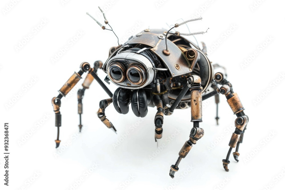 Aufkleber a mechanical spider constructed from metallic components sits on a clean white background