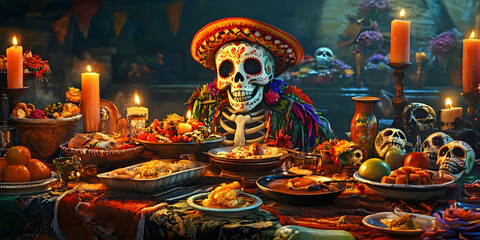 Fototapeta premium sugar skull day of the dead on a dark background, ai generated. 
