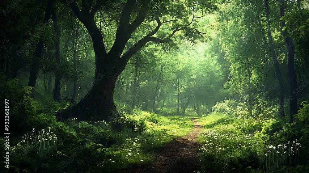 Poster a sunlit path through a dense, verdant forest with a single, large tree dominating the foreground, c