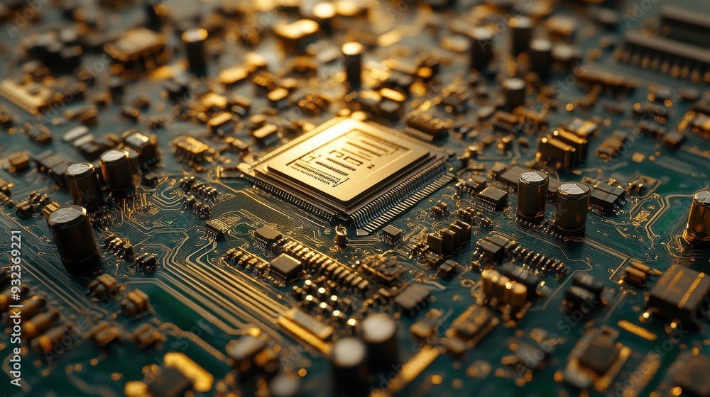 Poster Close Up of a Circuit Board with Golden Traces and Components