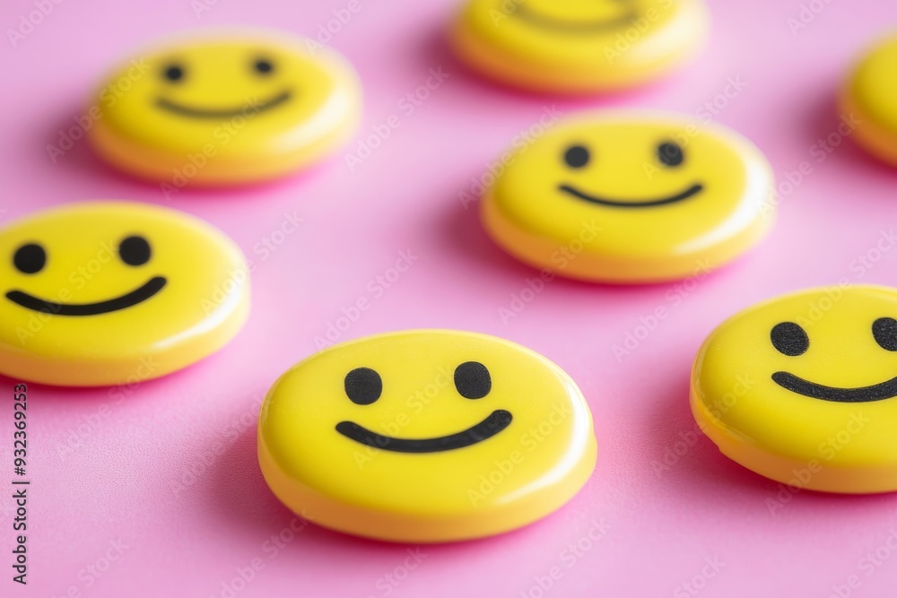 Poster playful arrangement of yellow smiley face buttons on a pink background emphasizing cheerful emotions