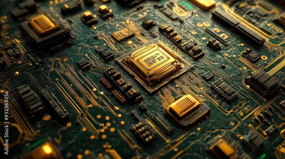Poster close up of a microchip on a circuit board with gold traces