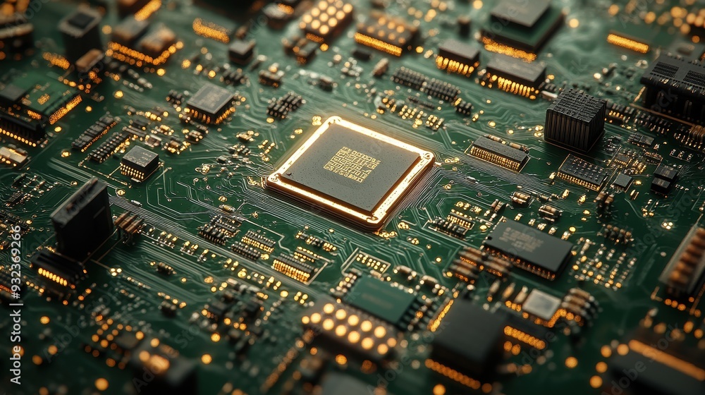 Poster Close Up of Circuit Board with Gold Traces and Microchip
