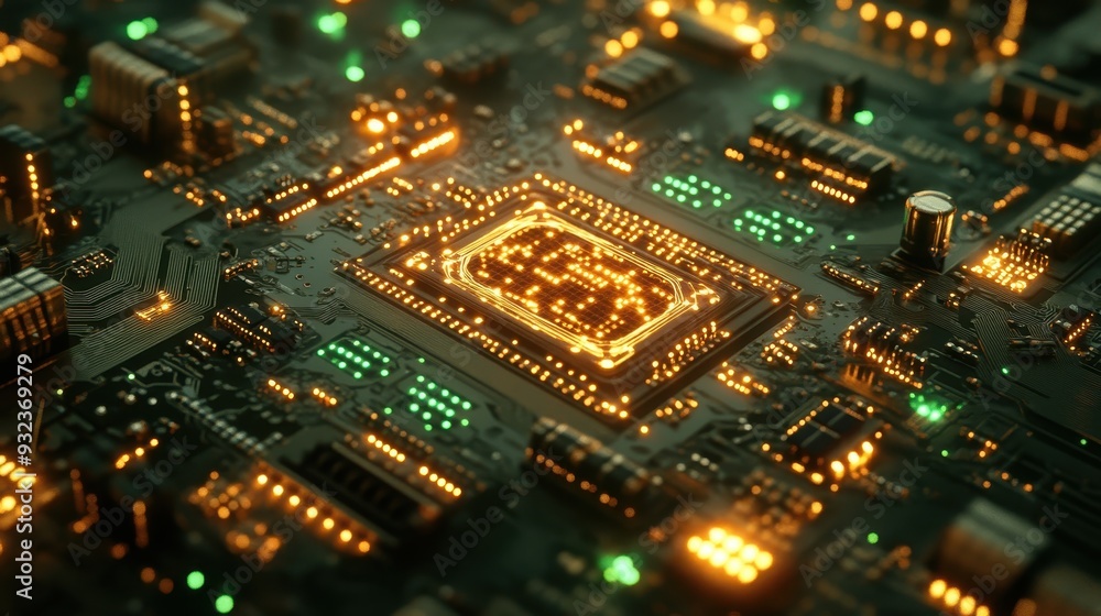 Poster close up of circuit board with illuminated processor