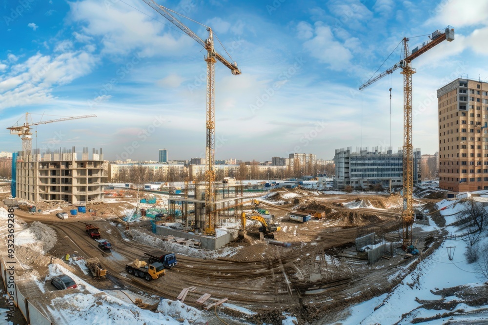 Poster workers on a busy construction site surrounded by multiple heavy-duty cranes