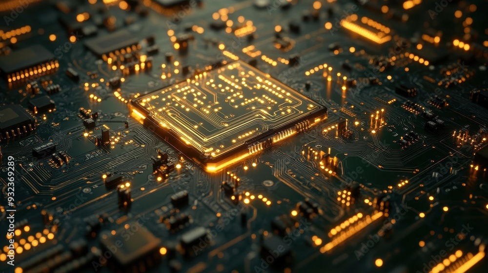Poster Close Up of Circuit Board with Golden Traces and LEDs