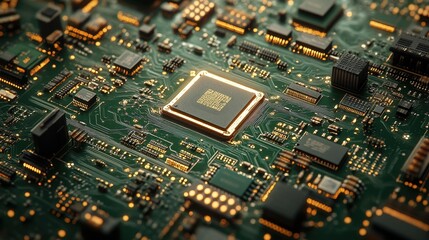 Close Up of Circuit Board with Gold Traces and Microchip