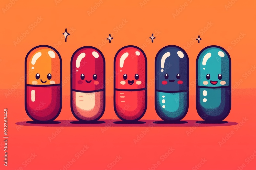 Poster five colorful smiling capsules lined up against an orange background embodying joy and happiness in 